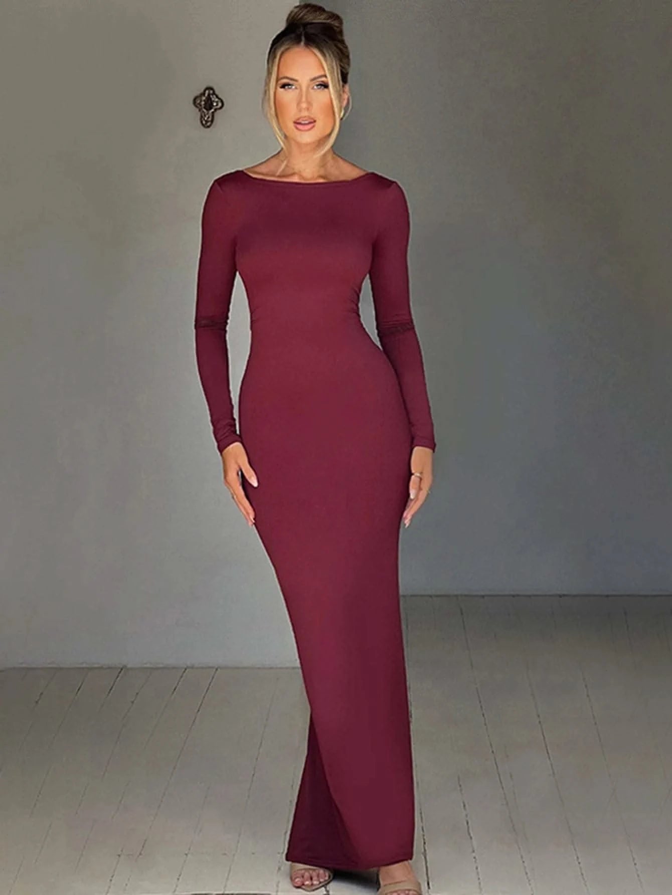Dulzura O-Neck Long Sleeves Ruched Backless Maxi Dress Solid Sexy Elegant Long Dress Women’S Party Prom Clubwear Autumn Winter - M & M Global