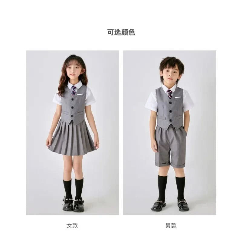 6PCS Summer Kids Weddding Suit Outfit Set Formal Elegant Suit for Kid Boy Kids Shirt Vest Shorts Socks Tie Sticker Clothing Suit - M & M Global