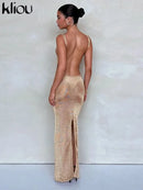 kliou Shiny Long Dress Stunning Women Solid Summer Thin Mesh Sheer Backless Sleeveless Bodycon Female Elegant Fashion Vestidos - M & M Global