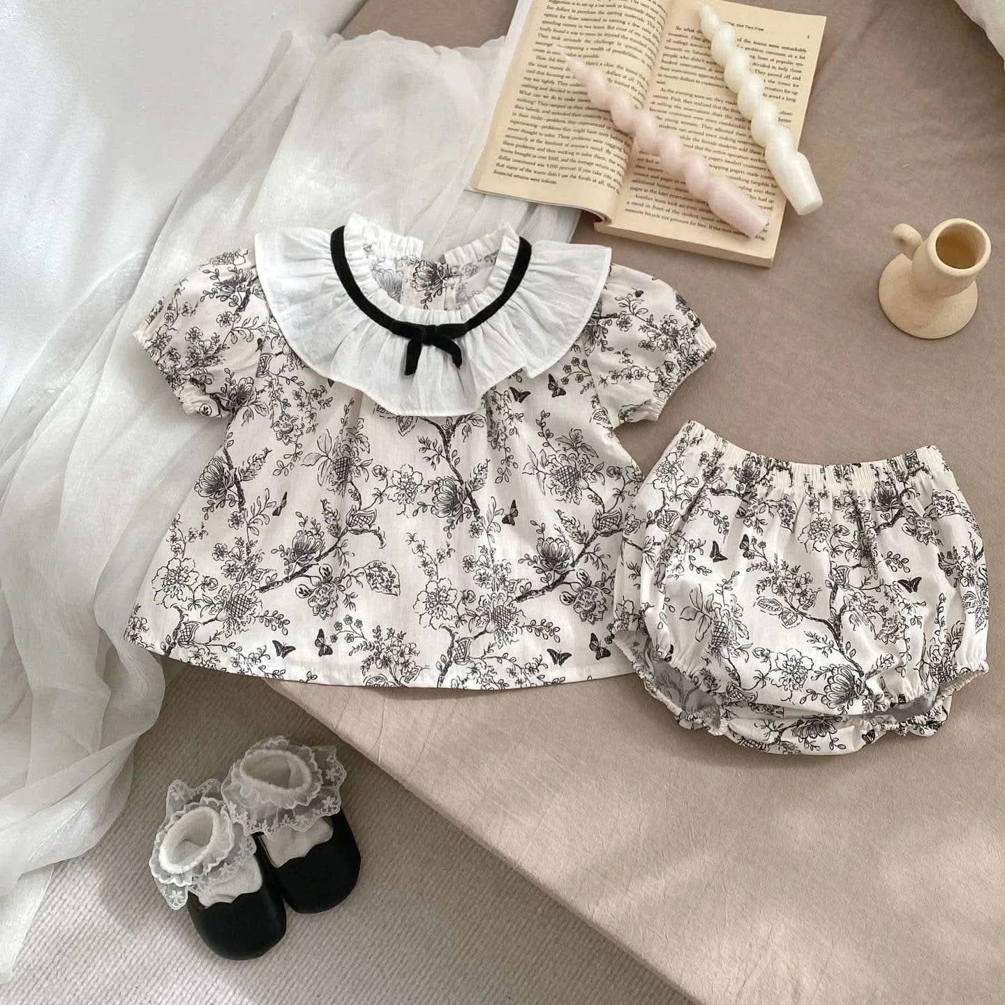 2PCS Summer Floral Baby Girl Suit New Autumn Fashion Lace Bow Baby Girls' Set Peter Pan Collar Shirt and Shorts Princess Outfits - M & M Global