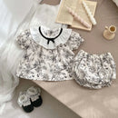 2PCS Summer Floral Baby Girl Suit New Autumn Fashion Lace Bow Baby Girls' Set Peter Pan Collar Shirt and Shorts Princess Outfits - M & M Global