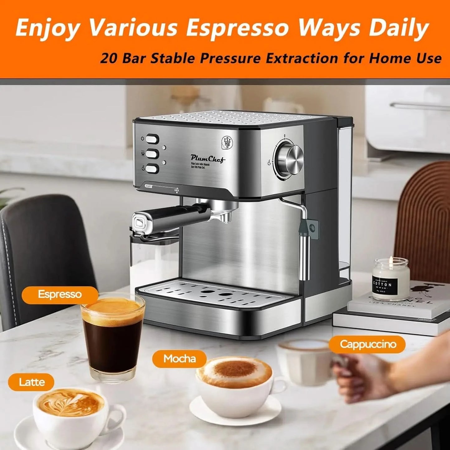Espresso Machine 20 Bar Professional Compact Homehold Coffee Espresso Maker with Milk Frother Steam Wand 54oz Water Tank Low Noi - M & M Global