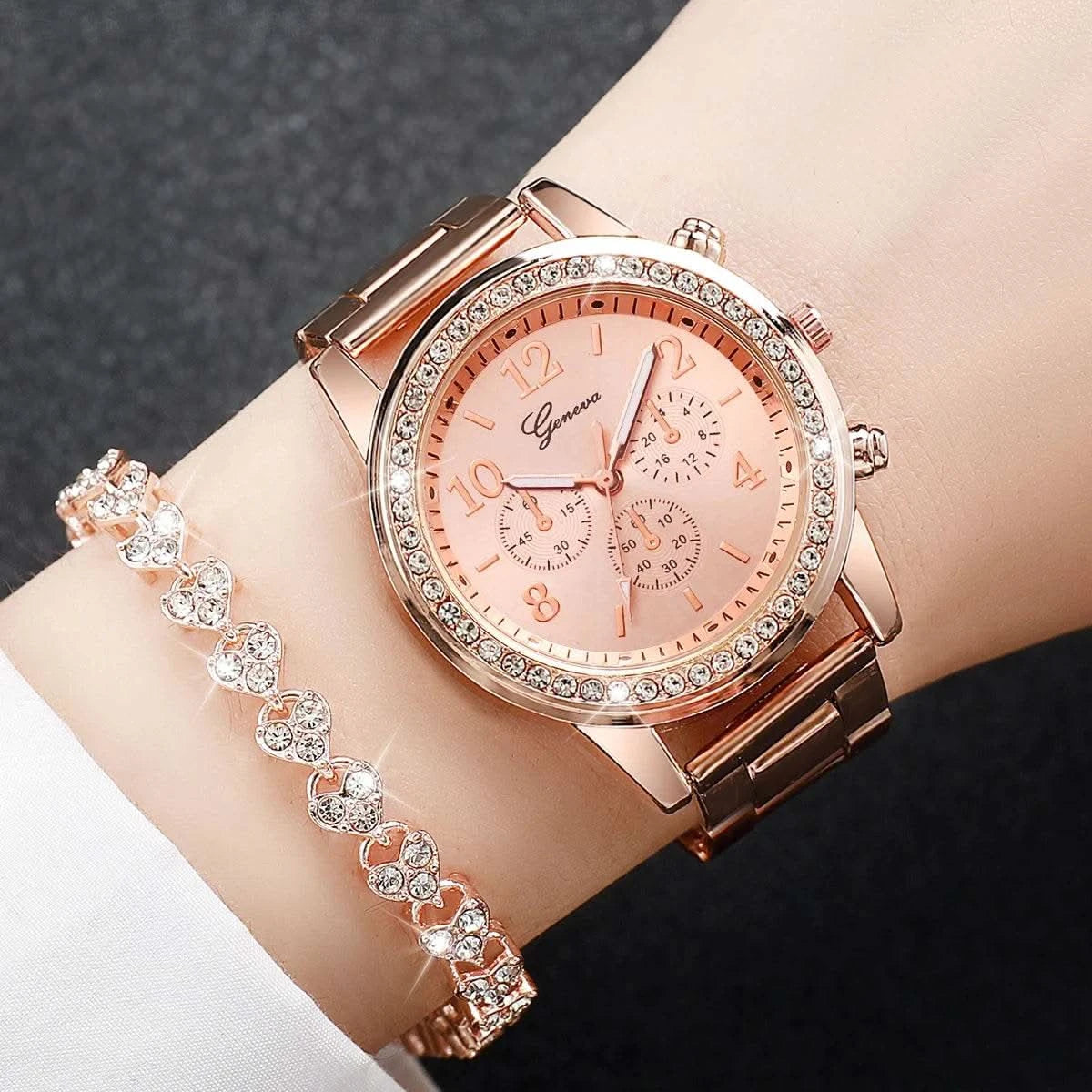 2PCS Women's Watch Fashion Rhinestone Ladies Analog Quartz Watches Bracelet Set Reloj Mujer Girls Clock Gift - M & M Global