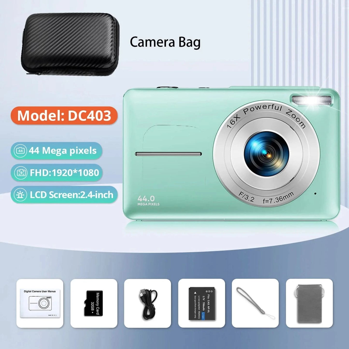 HD 1080P 2.4 inch digital Camera Rechargeable Cameras with 16x Zoom Compact Camera 44MP Cameras for kids Beginner Camera - M & M Global