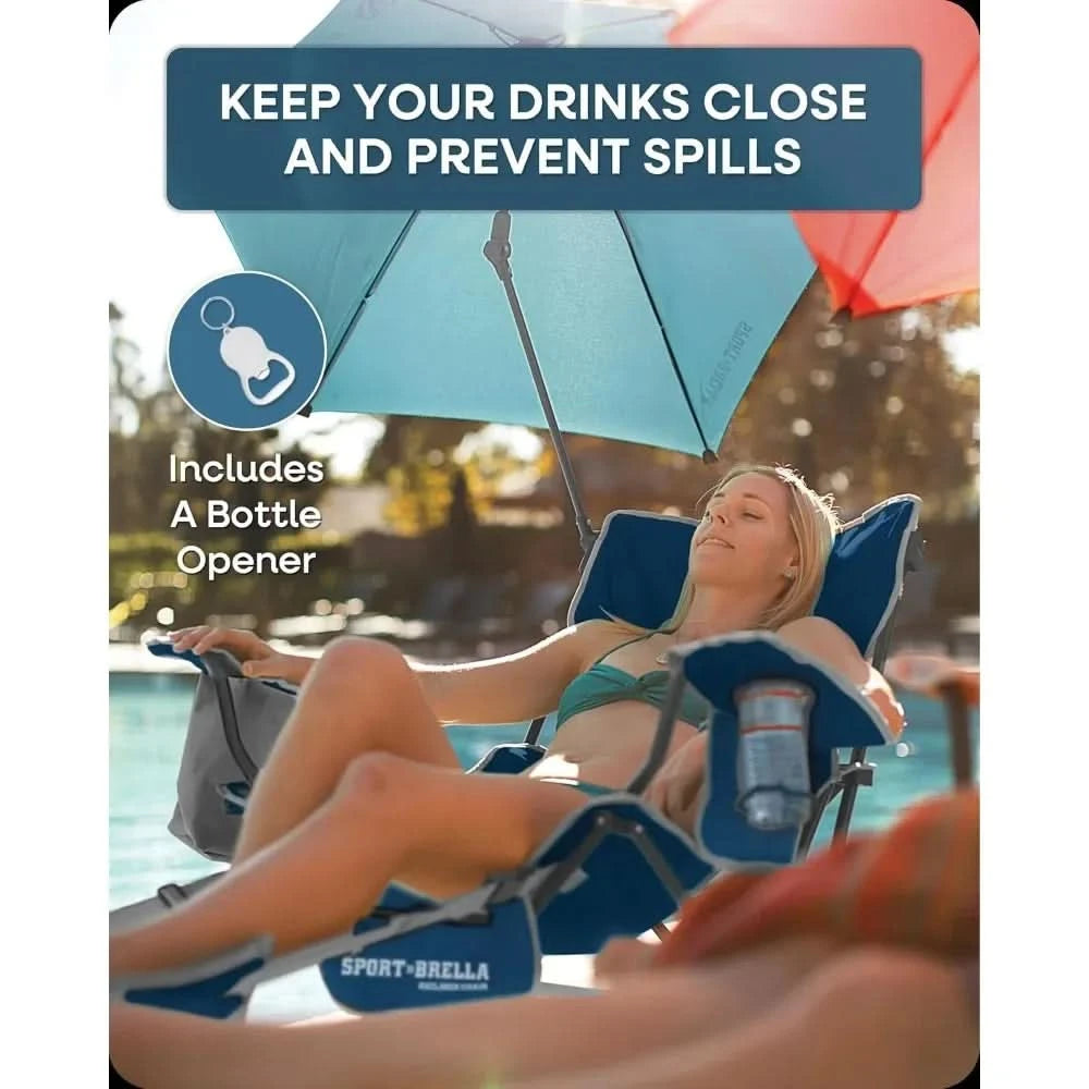 Reclining Beach Chair, 3-position adjustability with detachable detachable footrest lets, swiveling umbrella with UPF50+material
