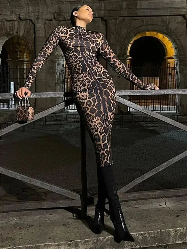 Print Leopard Print Slim Long Dress Women's Fashion Long Sleeve Sexy Party Dress Summer Street Leopard Print Long Dress 2024 New - M & M Global