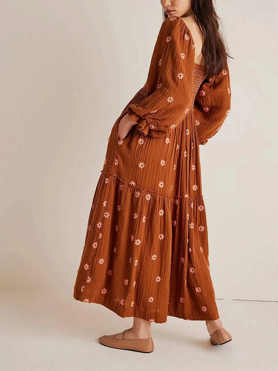 Women's Flower Embroidered Long Dress Bodycon Lantern Sleeve Square Neck Tiered Flowy Dress Bohemian Summer Beachwear Dresses - M & M Global