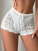 Polyester100.00% Hollow Drawstring Open Waist Knitted Bikini Blocked Women's Shorts - M & M Global