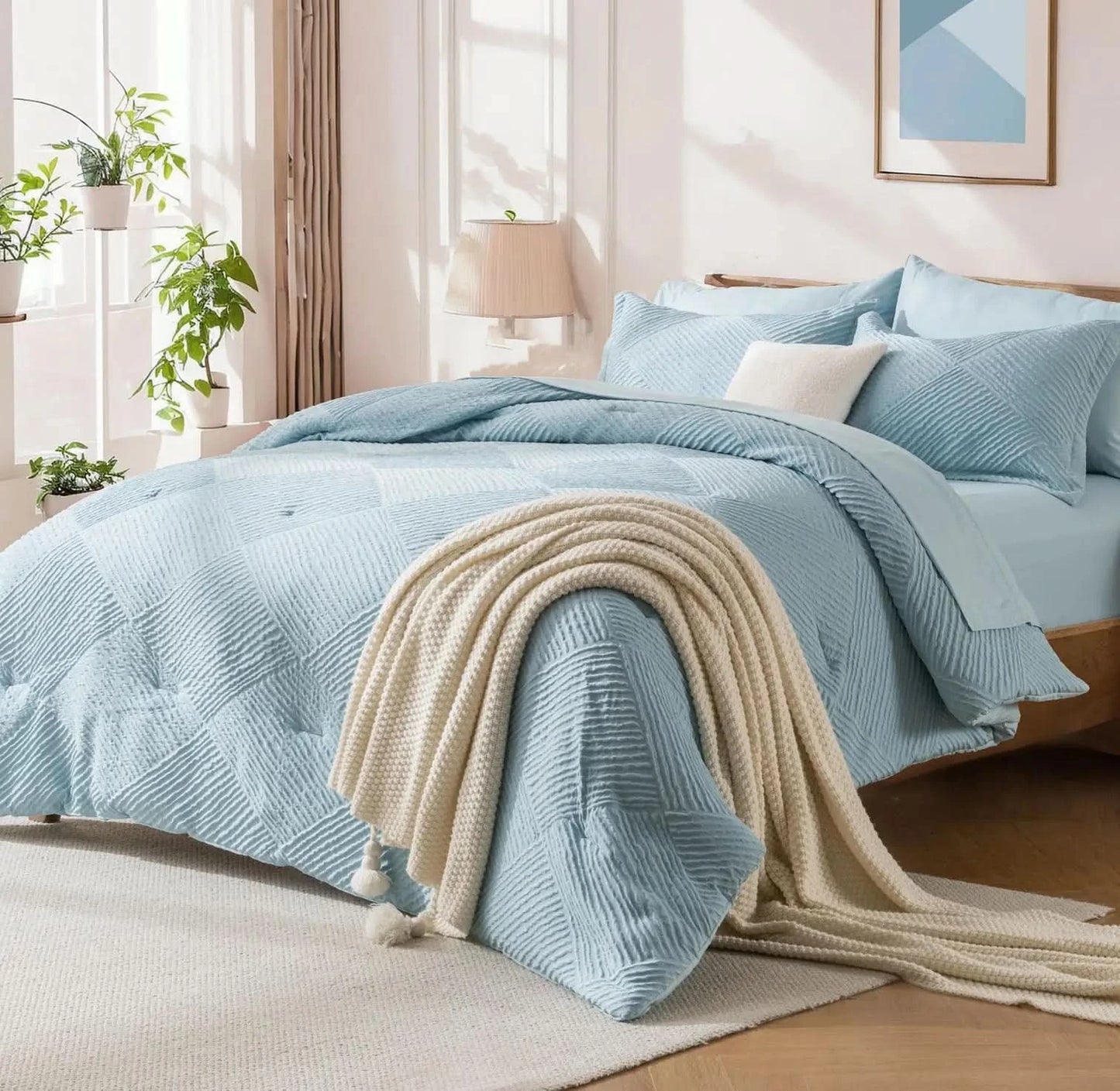 solid striped check Comforter set, soft microfiber, lightweight and breathable, easy to care for - bedding set for all seasons
