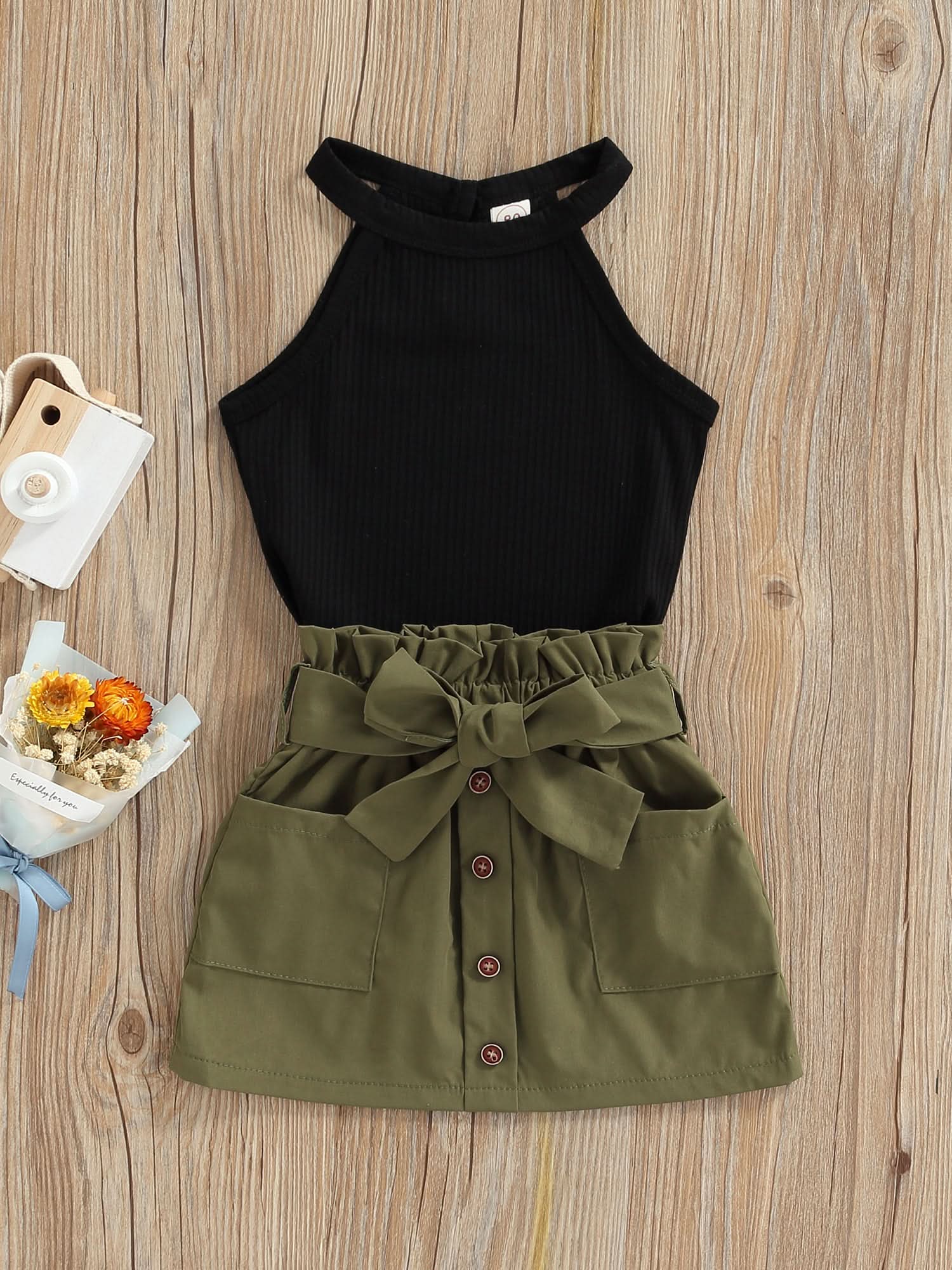 Girls 2-Piece Summer Set Striped Crop Top Denim Shorts with Bow Detail for Toddlers 12 Months to 4 Years - M & M Global