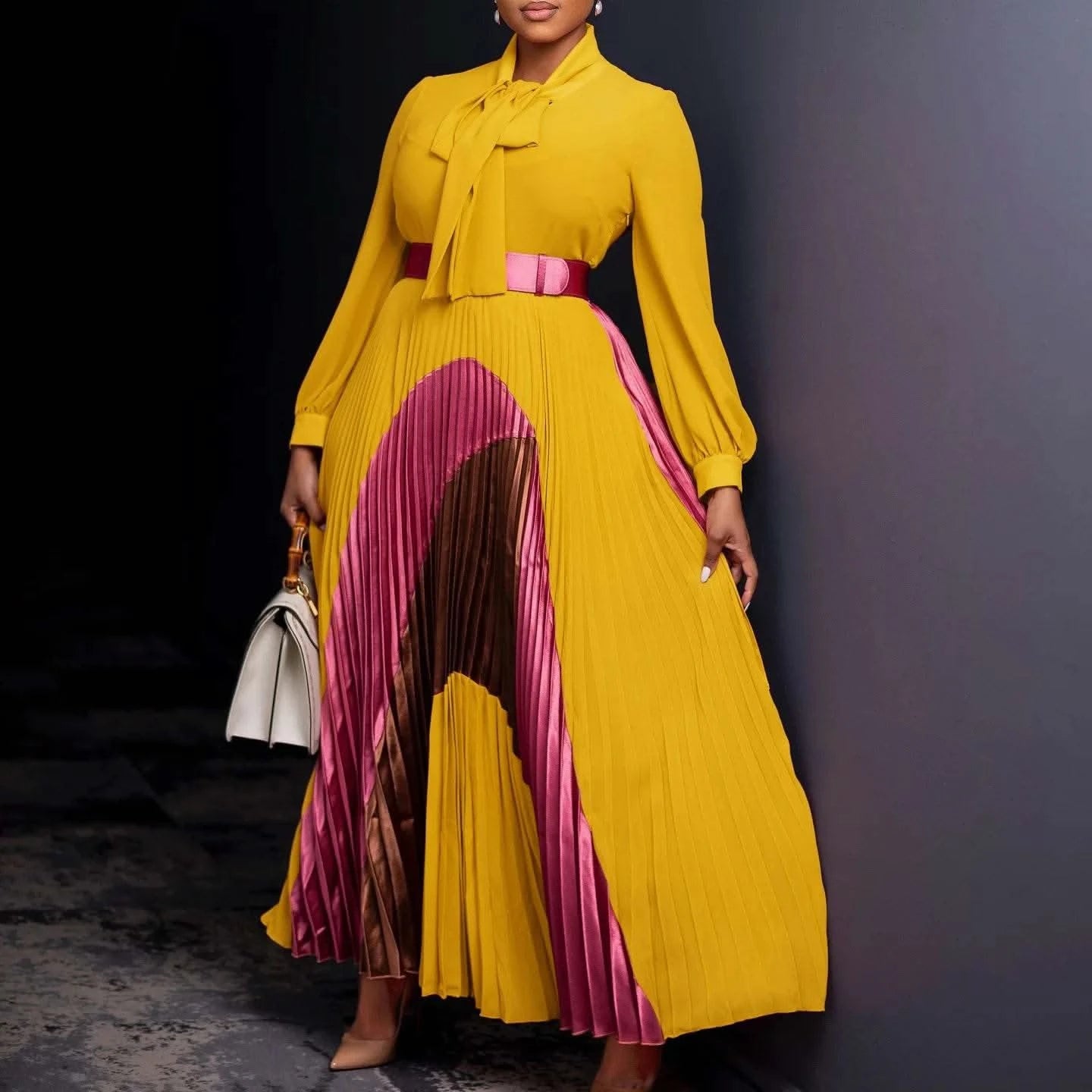 CM.YAYA Elegant Women Wraped Bow Neck Long Sleeve with Sashes Maxi Long Dress Chic INS Sexy Party Prom Big Swing Pleated Dresses - M & M Global