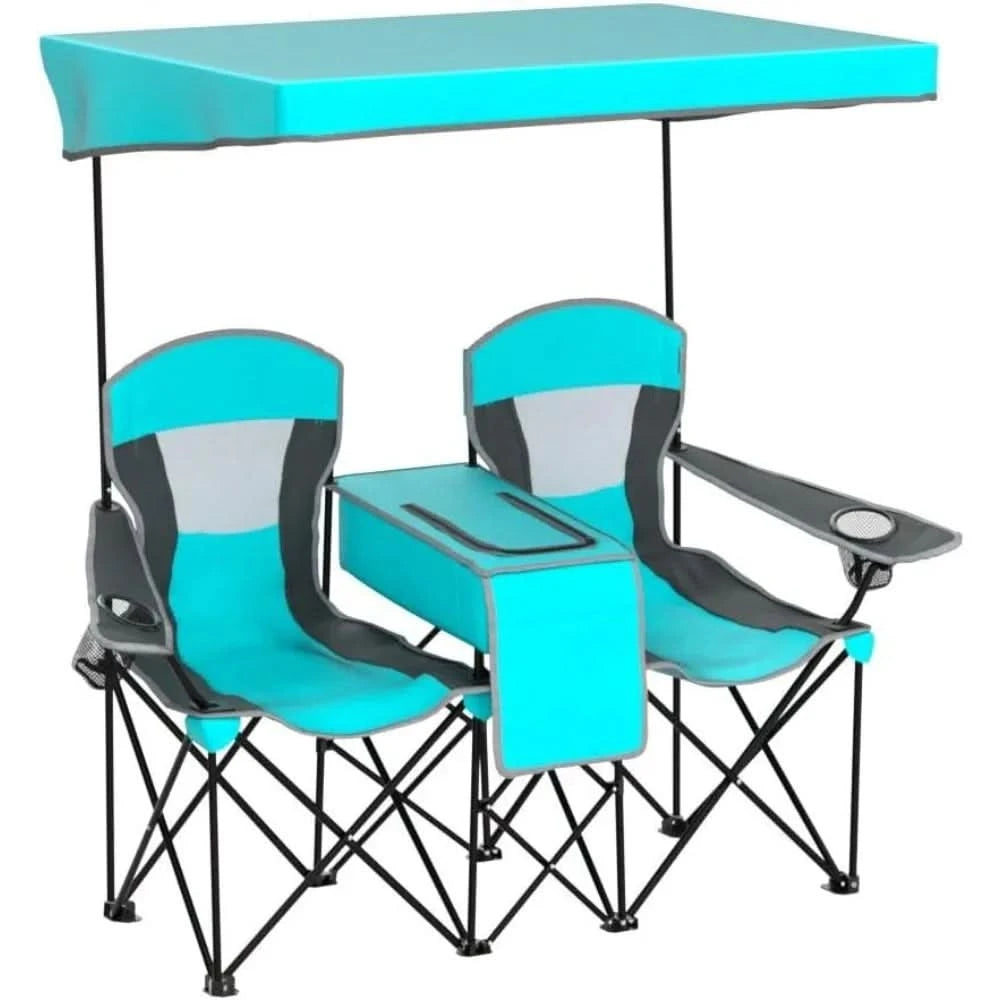 Double Camping Chair w/Shade Canopy, 2-Person Folding Camp and Beach Chair with Mini Table Beverage Cup Holder - Free Delivery
