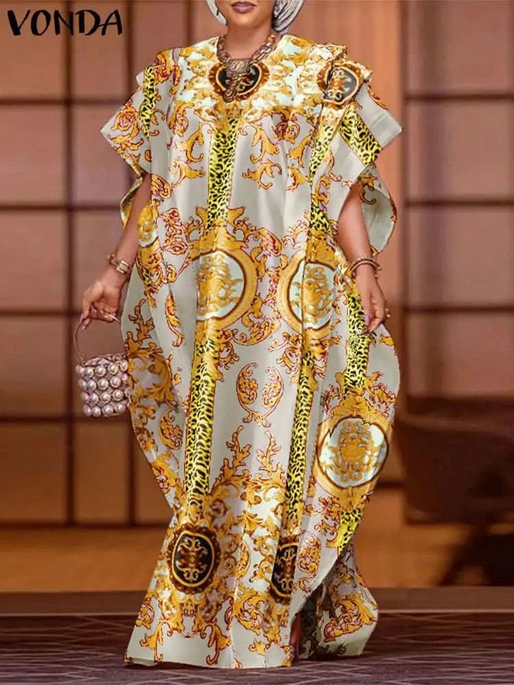 VONDA Plus Size 5XL Elegant Maxi Long Dress 2024 Fashion Satin Dress Sexy Printed Patchwork Bat-wing Sleeve Vestidos Ruffle Robe - M & M Global