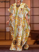 VONDA Plus Size 5XL Elegant Maxi Long Dress 2024 Fashion Satin Dress Sexy Printed Patchwork Bat-wing Sleeve Vestidos Ruffle Robe - M & M Global