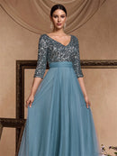 Luxury Floor Length V-Neck Evening Dress 2025 Women Elegant Party Maxi Dress Sequin Short Sleeves Prom Cocktail Gown