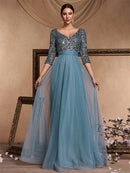 Luxury Floor Length V-Neck Evening Dress 2025 Women Elegant Party Maxi Dress Sequin Short Sleeves Prom Cocktail Gown
