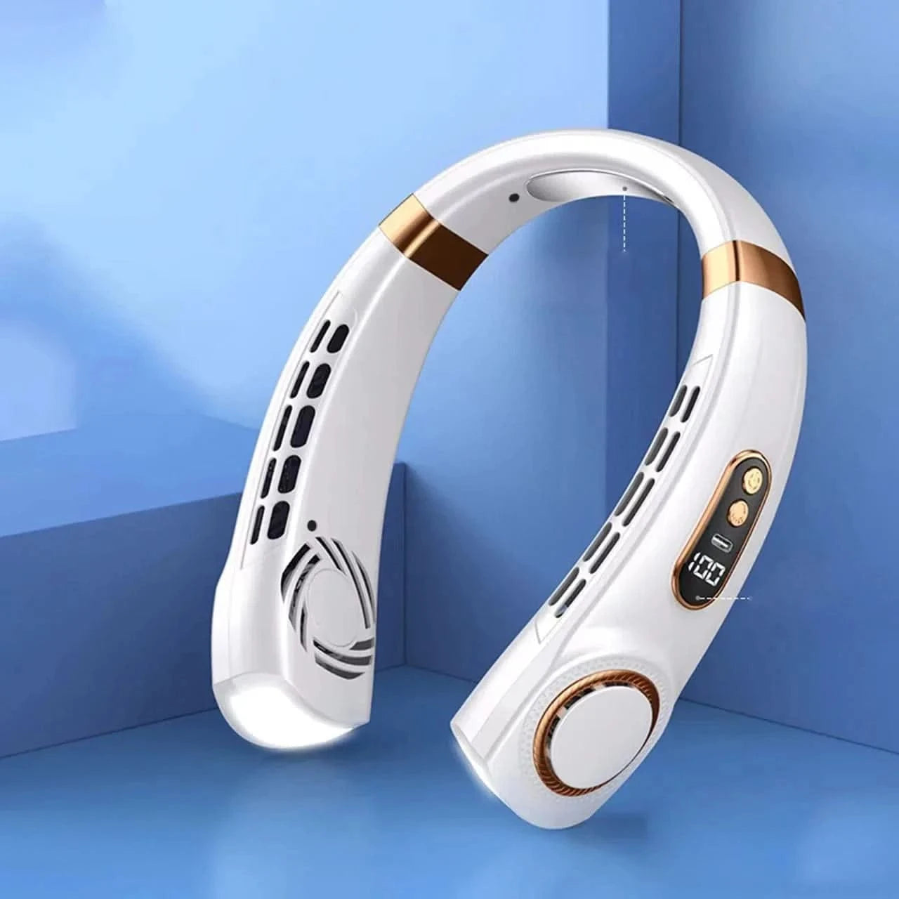 White and gold neckband device on a blue background