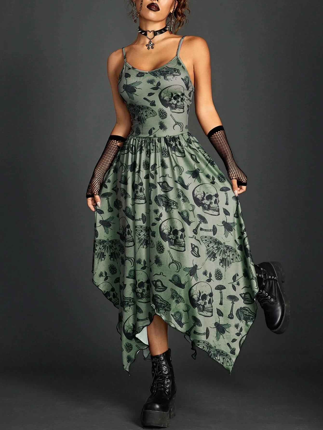 Goth Dark Fairy Grunge Y2k Aesthetic Skull Graphic Dresses Mall Gothic Shirring Lace Up Long Dress Punk A-line Slim Emo Clothing - M & M Global