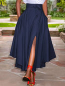 ZANZEA 2024 Summer Women Party Split Sundress Stylish Irregular Skirts High Waist Maxi Vestidos Solid Robe Saia Holiday Faldas