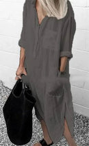 Spring Summer Women's Solid Color Loose Split Shirt Midi Dress Elegant Casual Button Pocket V-Neck Long Sleeve Long Dress 2024 - M & M Global