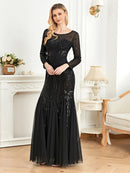 Elegant Long Sleeves Sequin Tulle Evening Dresses 2025 Women Luxury Mermaid Formal Bridesmaid Party Maxi Prom Dress