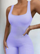 Women's Sleeveless Yoga Jumpsuit Exercise Ribbed Square Neck Vest High Waist  Fitness Sports One-piece Yoga Suit - M & M Global
