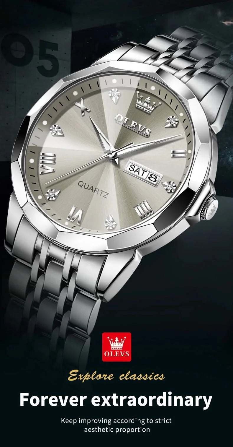 OLEVS Men's Watches Causal Fashion Original Quartz Watch for Man Waterproof Stainless Steel Luminous Date Week Trend Dress Reloj - M & M Global