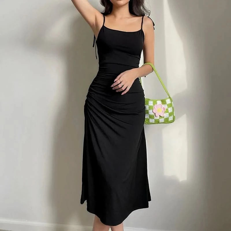 Fashion Strappy Ruched Sexy Black Dress Irregular Elegant Backless Long Dress Party Summer Dresses Women Clothes Vintage Dress - M & M Global