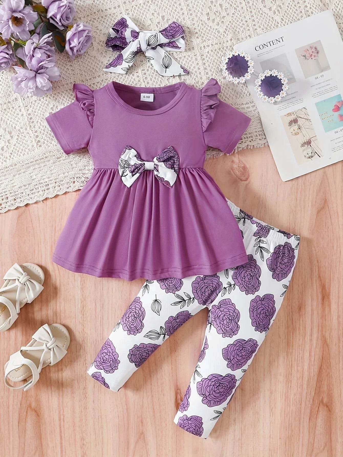 0-3 Years Baby Girl 3PCS Clothes Set Purple Short Sleeved Top+Floral Pants+Headband Fashion Toddler Girl Summer Daily Outfits - M & M Global