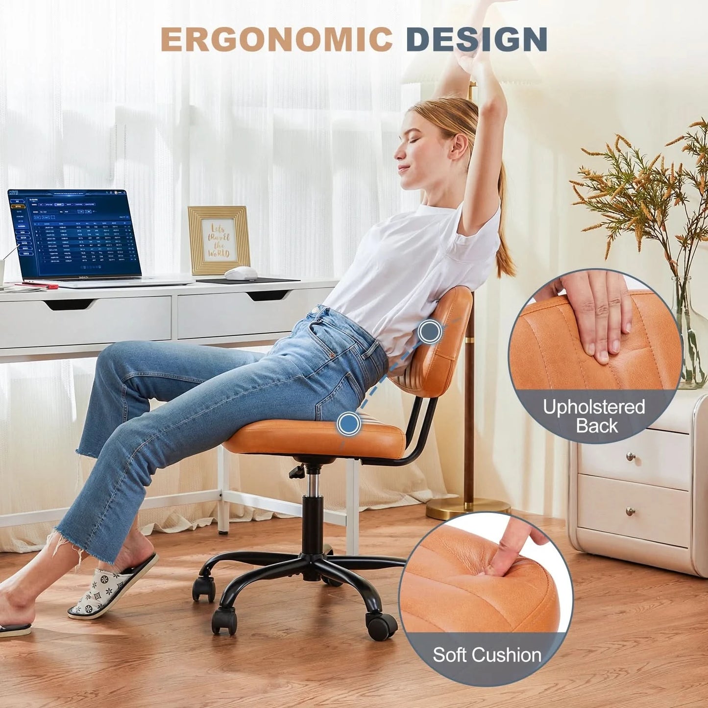 JHK Armless Office Desk Chair Back Lumbar Support Height Adjustable PU Leather Computer Chair with 360° Swivel Rolling Wheels