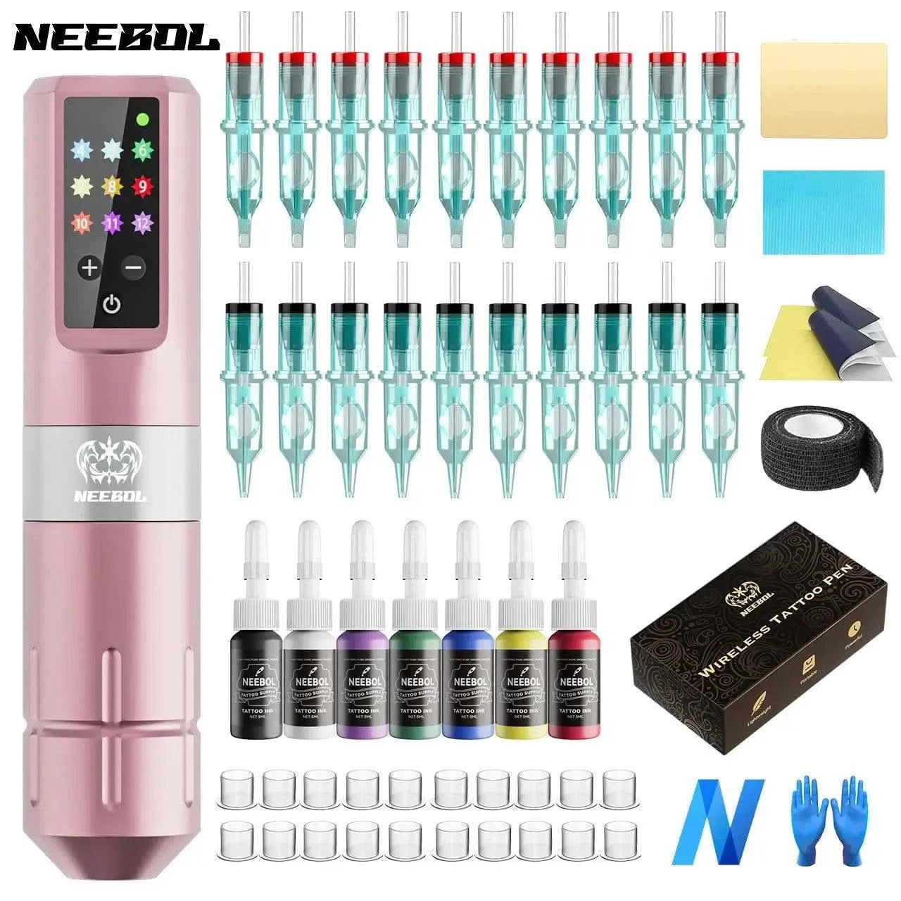 1pc/set Complete Tattoo Machine Kit Wireless, 20 Cartridge Needles, 7 Inks, Tattoo Pen Set,Permanent Makeup Tool for Tattoo Art - M & M Global