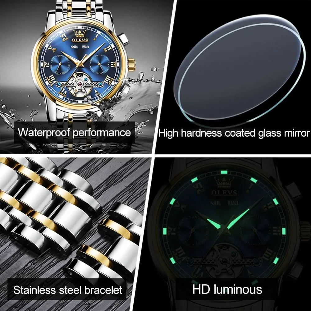OLEVS Men's Watches Automatic Mechanical Business Wristwatch Waterproof Stainless Steel Strap Watch for Man Skeleton Calendar - M & M Global
