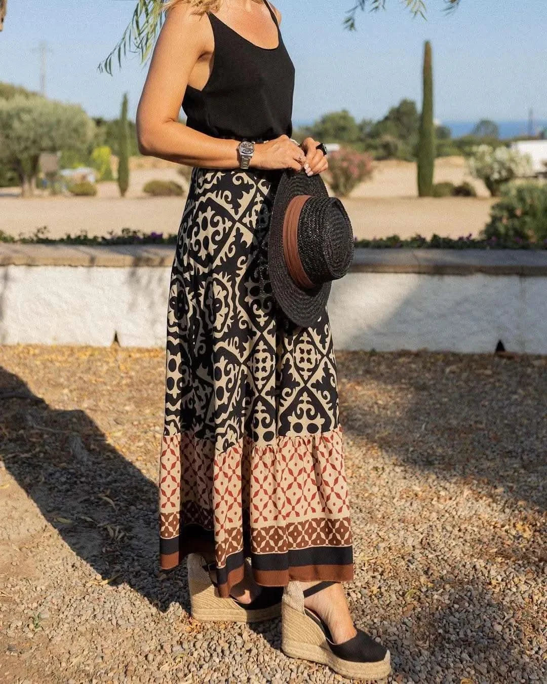 boho print maxi skirt women fashion high waist 3D printting long dress casual loose summer high waist skirts for women 2024 - M & M Global