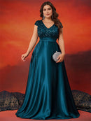 Plus Size Elegant V-Neck Green Sequin Evening Dress Long Luxury Women Satin Short Sleeves Party Prom Cocktail  Dress