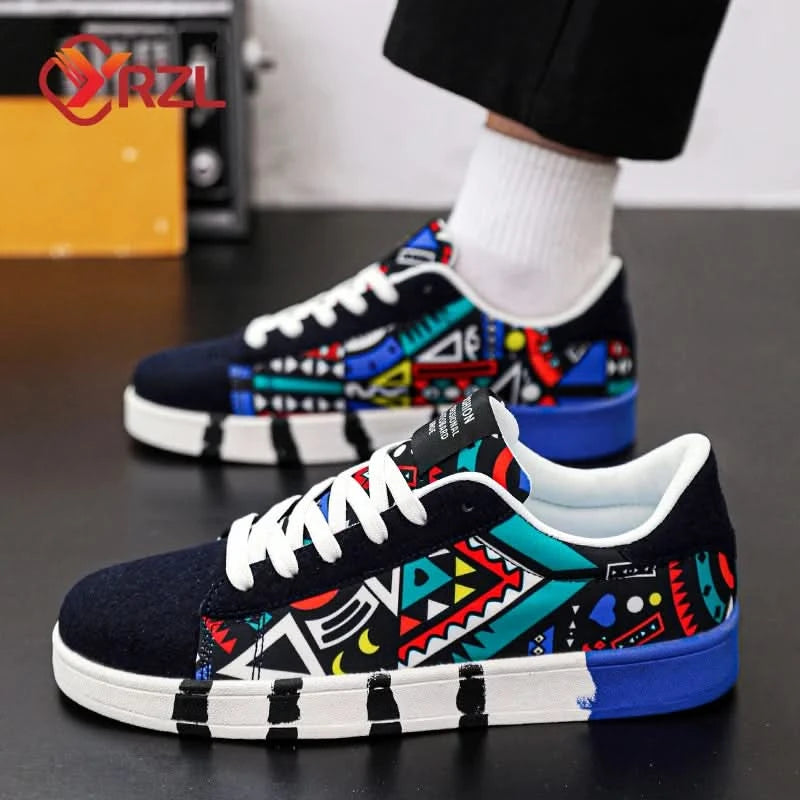 YRZL Men's Sports Running Shoes Canvas Geometric Style Lace-Up Sneakers Couples' Fashionable Graffiti Print Skate Shoes Men - M & M Global
