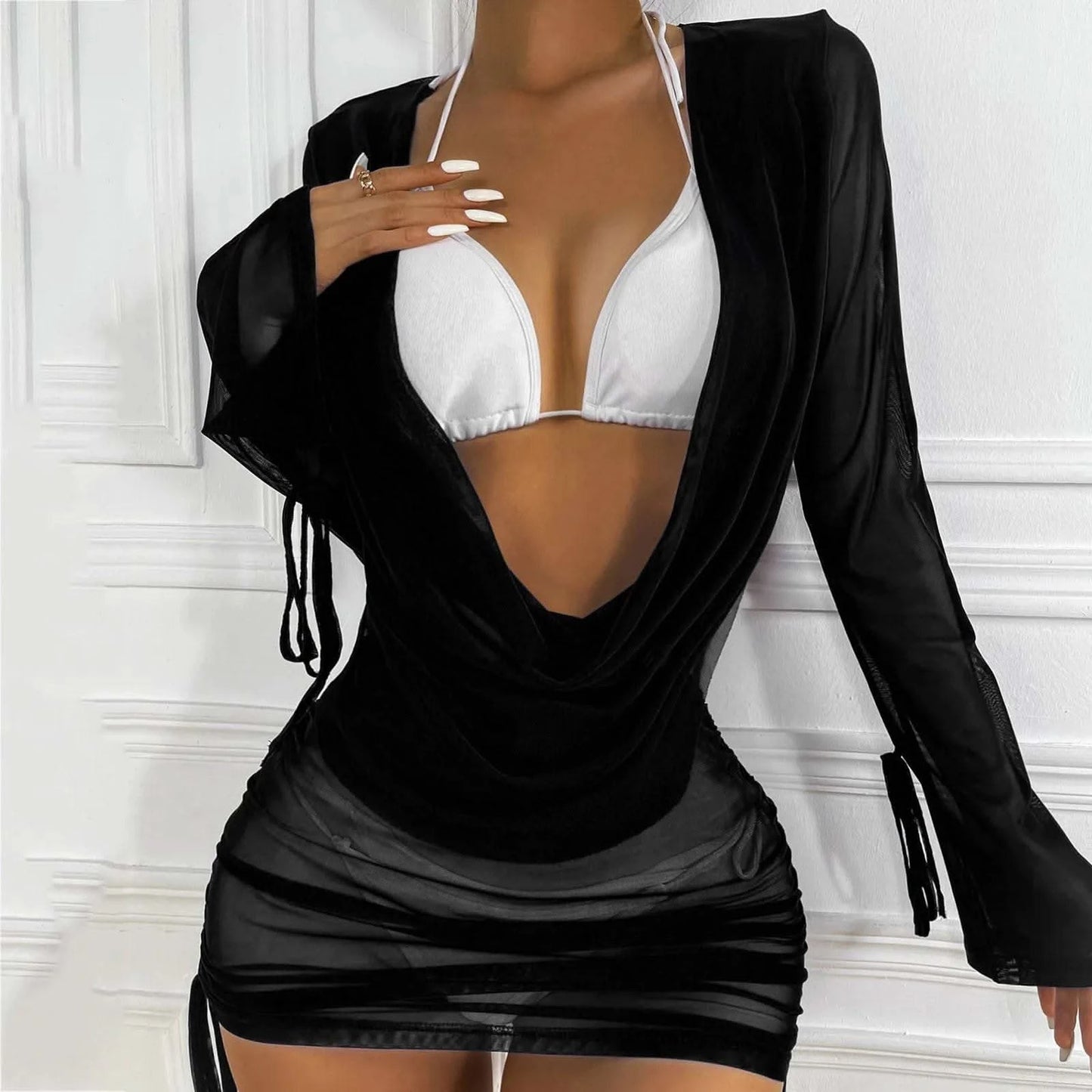 Beach Cover Ups Swimwear Women Draped Front Drawstring Knot Backless Mesh Bikini Set Without Lingerie купальник 2024 тренд - M & M Global