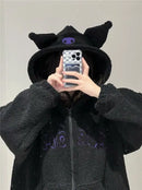 Thickened Loose Hooded Sweatshirt in Black with Embroidery Lambskin Imitation for Autumn And Winter Trendy Streetwear for Girls