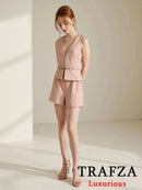 TRAFZA Vintage Chic Solid Women Suit V Neck Sleeveless Sashes Vest Blazer Straight Shorts New Fashion 2025 Summer Office Sets - M & M Global