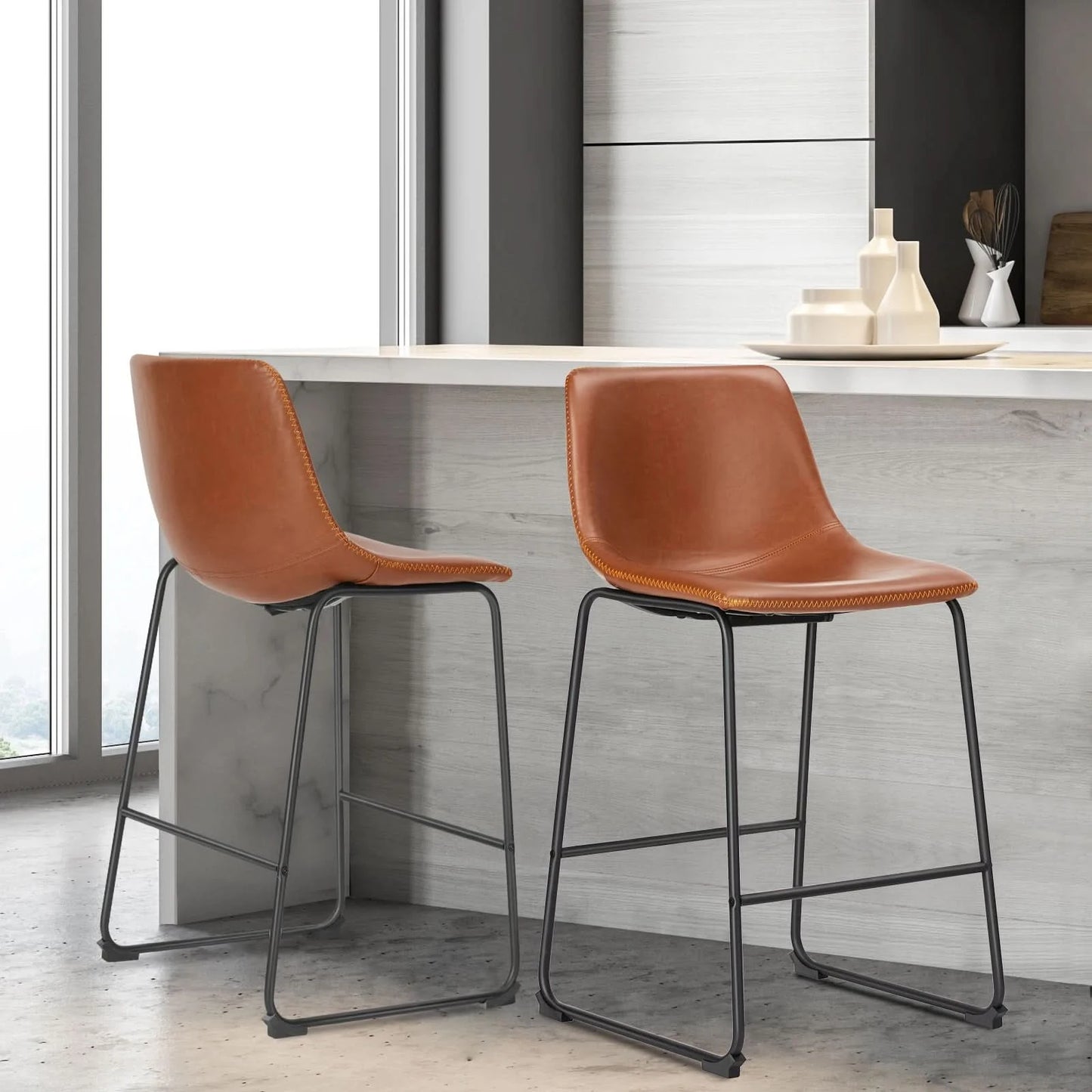 JHK Leather Modern Bar Bench 2-piece Set Armless Metal Leg Brown Bar Bench with Backrest Home Chair Living Room Furniture