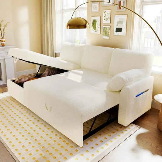 Authenticity guarantee.Sofa Bed- 2 in 1 Pull Out Couch Bed with Storage Chaise for Living Room, White Sherpa Couch.HOME