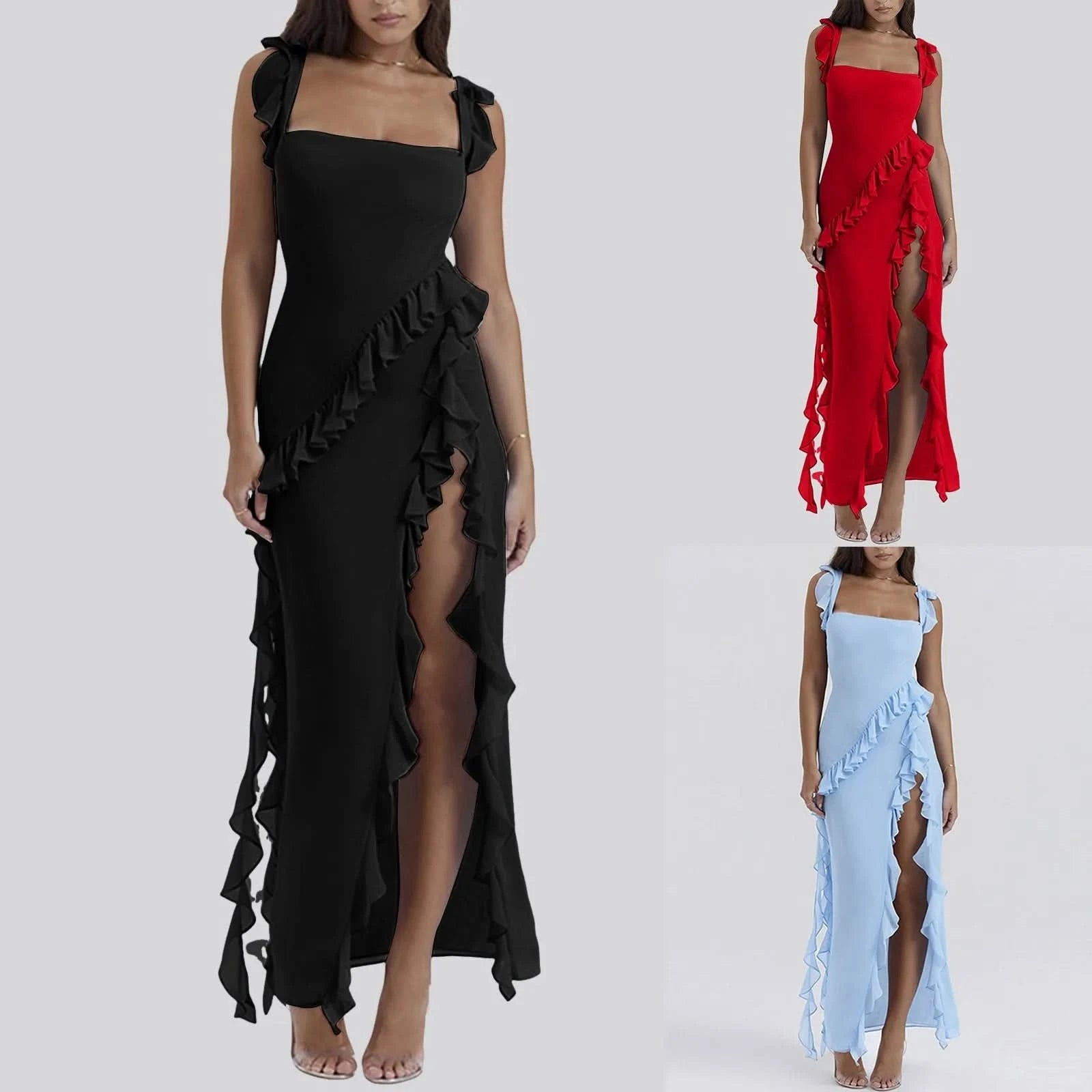 Elegant High Slit Streamer Ladies Dress Sexy Square Neck Slip Dresses Hot Girl Style Long Dress Ruffle Irregular Party Dresses - M & M Global