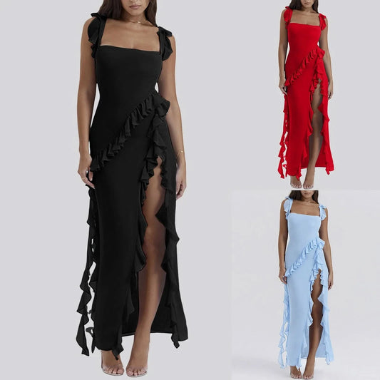 Elegant High Slit Streamer Ladies Dress Sexy Square Neck Slip Dresses Hot Girl Style Long Dress Ruffle Irregular Party Dresses - M & M Global