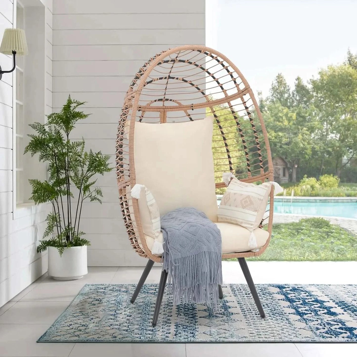 Wicker Egg Chair, Oversized Indoor Outdoor Lounger Large Egg Basket Chair with Stand and Cushions for Patio Porch, Backyar