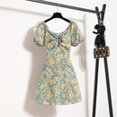 Women Mini Dresses Summer Fashion Female Vestidos Print Floral Chiffon Dresses Shirring Pleated Short Puffy Sleeve Casual Dress - M & M Global