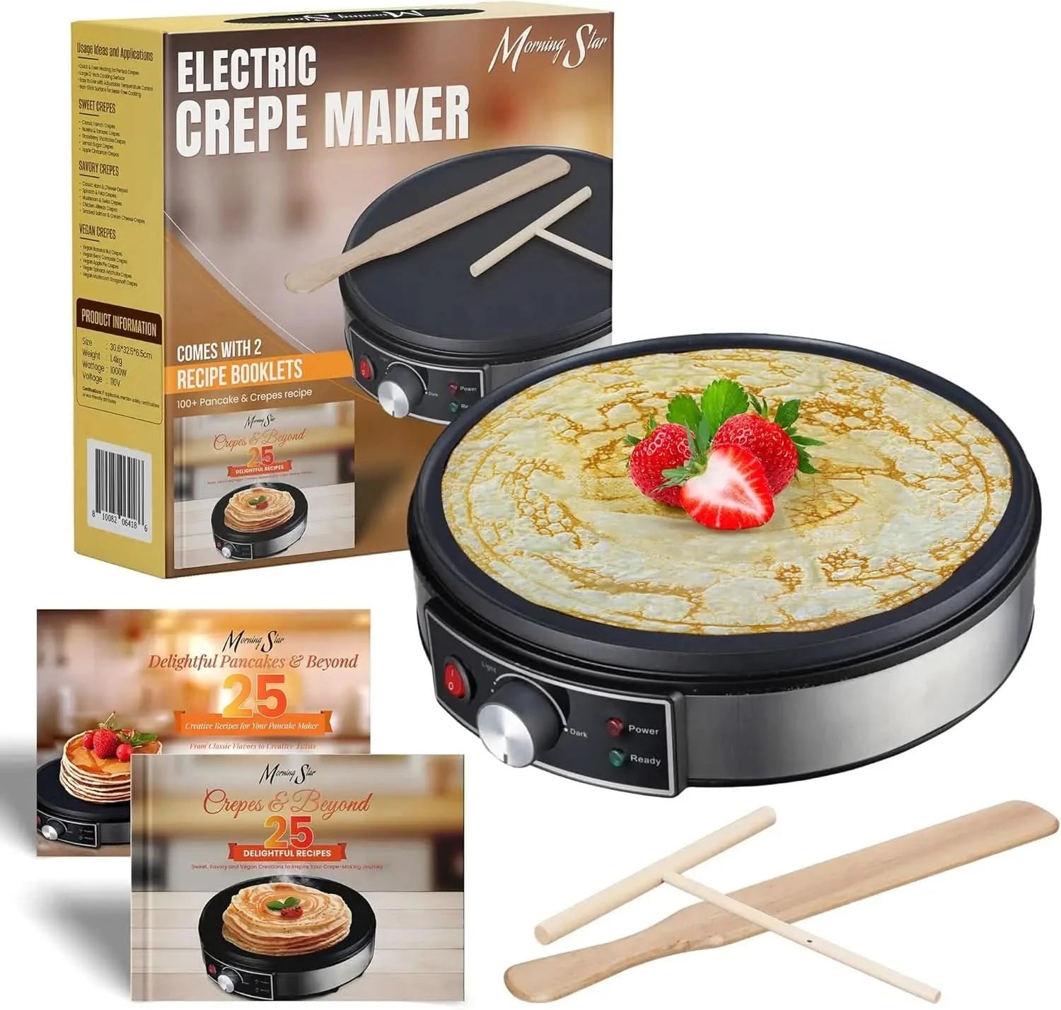 Electric Crepe Maker, Nonstick Multi-Function Tortilla Machine, Ideal for Crepes, Pancakes & Roti, Wooden Spatula & Batter Sprea - M & M Global