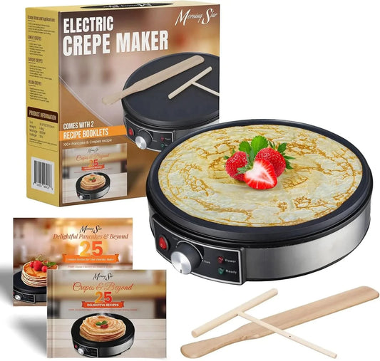 Electric Crepe Maker, Nonstick Multi-Function Tortilla Machine, Ideal for Crepes, Pancakes & Roti, Wooden Spatula & Batter Sprea - M & M Global