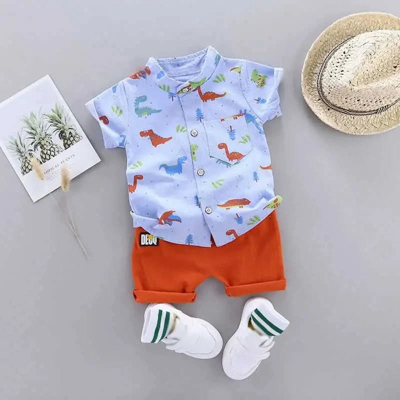 Infants and Toddlers Covered in Printed Cartoon Dinosaur Stand-up Collar Shirt Short Sleeve 2 Piece Set - M & M Global