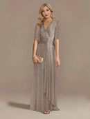 Luxury Floor Length V-Neck Evening Dress 2025 Women Elegant Party Maxi Dress Sequin Short Sleeves Prom Cocktail Gowns