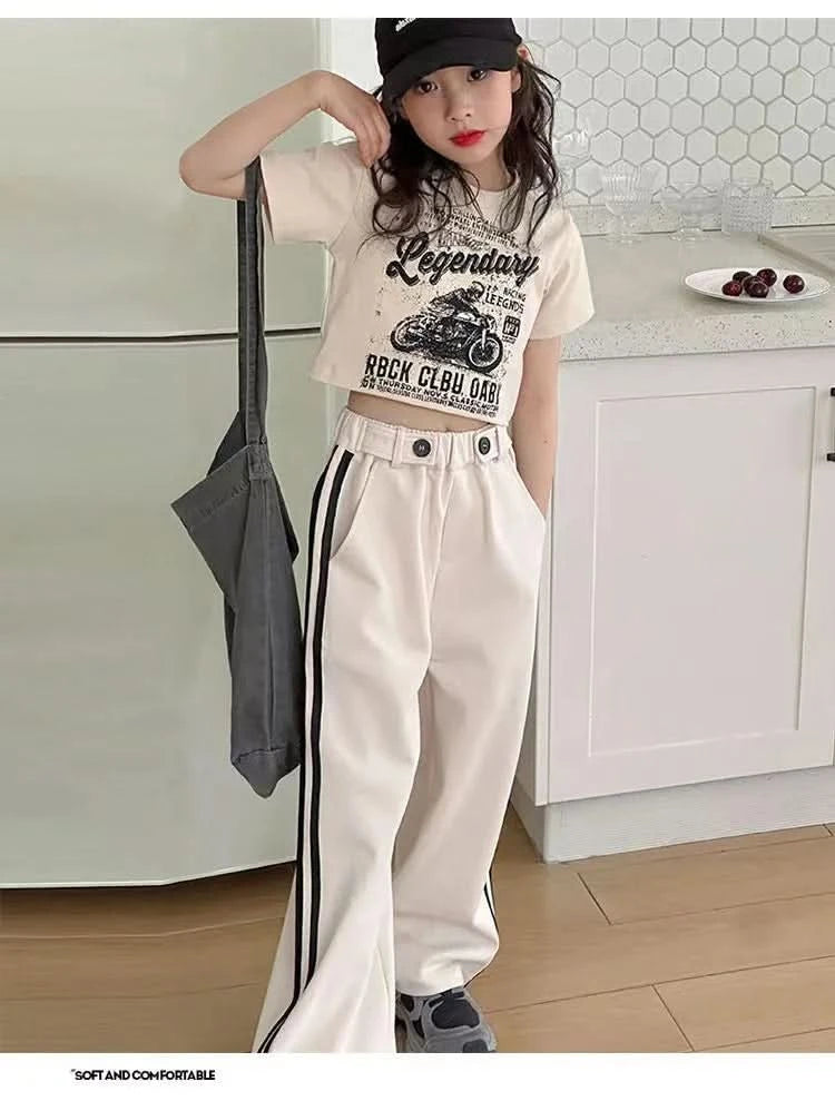 Girls' summer casual suit, new children's fashionable T-shirt, casual pants, summer dress, foreign short-sleeved two-piece set, - M & M Global