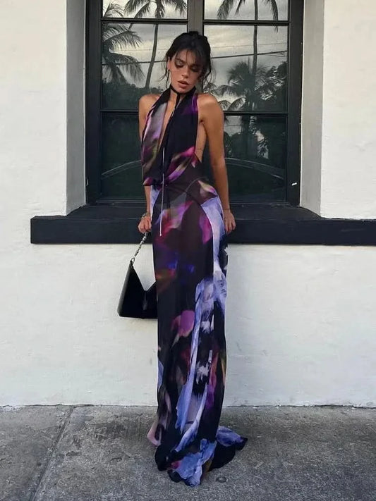 Women Summer Tie-dye Backless Long dress Beach Skirt Cover up - M & M Global